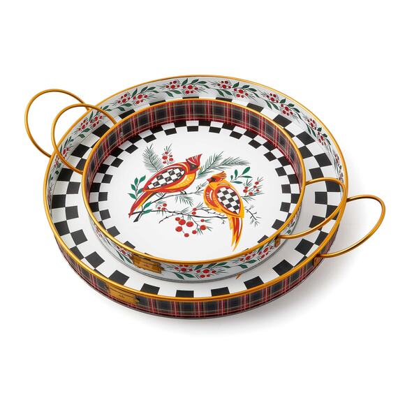 Mackenzie Child's Holiday Cardinal Round Metal Serving Trays, Set of 2 New - Picture 6 of 16